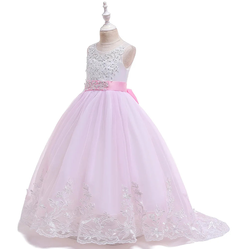 Kids Party Dress For Girls Wedding Bridesmaid Gown Lace Flower