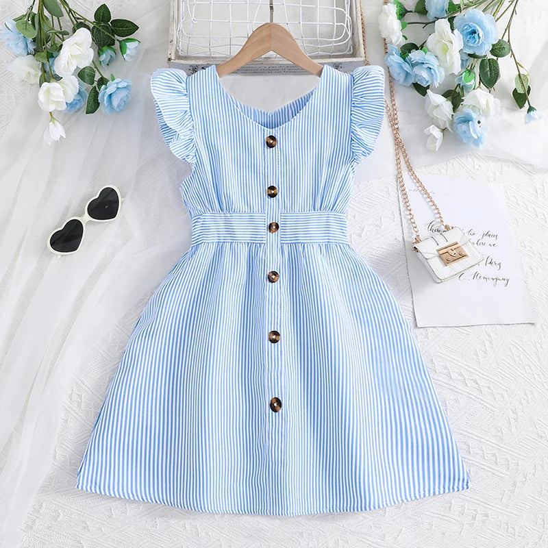 4-7 Years Girl Dress Summer New Stripe Ruffled Sleeveless V-Neck Dress