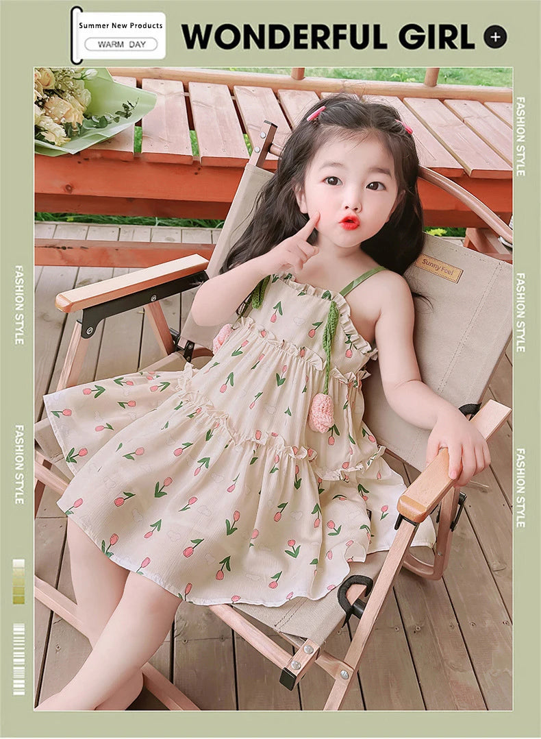 Baby Girl Summer Dress Sweet Floral Pattern Halter Dress Korean Version of The Lovely Baby Girl Princess Dresses