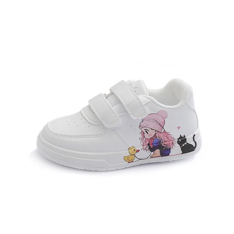 Girls White Shoes with Cartoon Girl Cat Prints Kids Casual Sneakers Fashion 2026 Spring Autumn Fashion Non-slip Classic 21-38