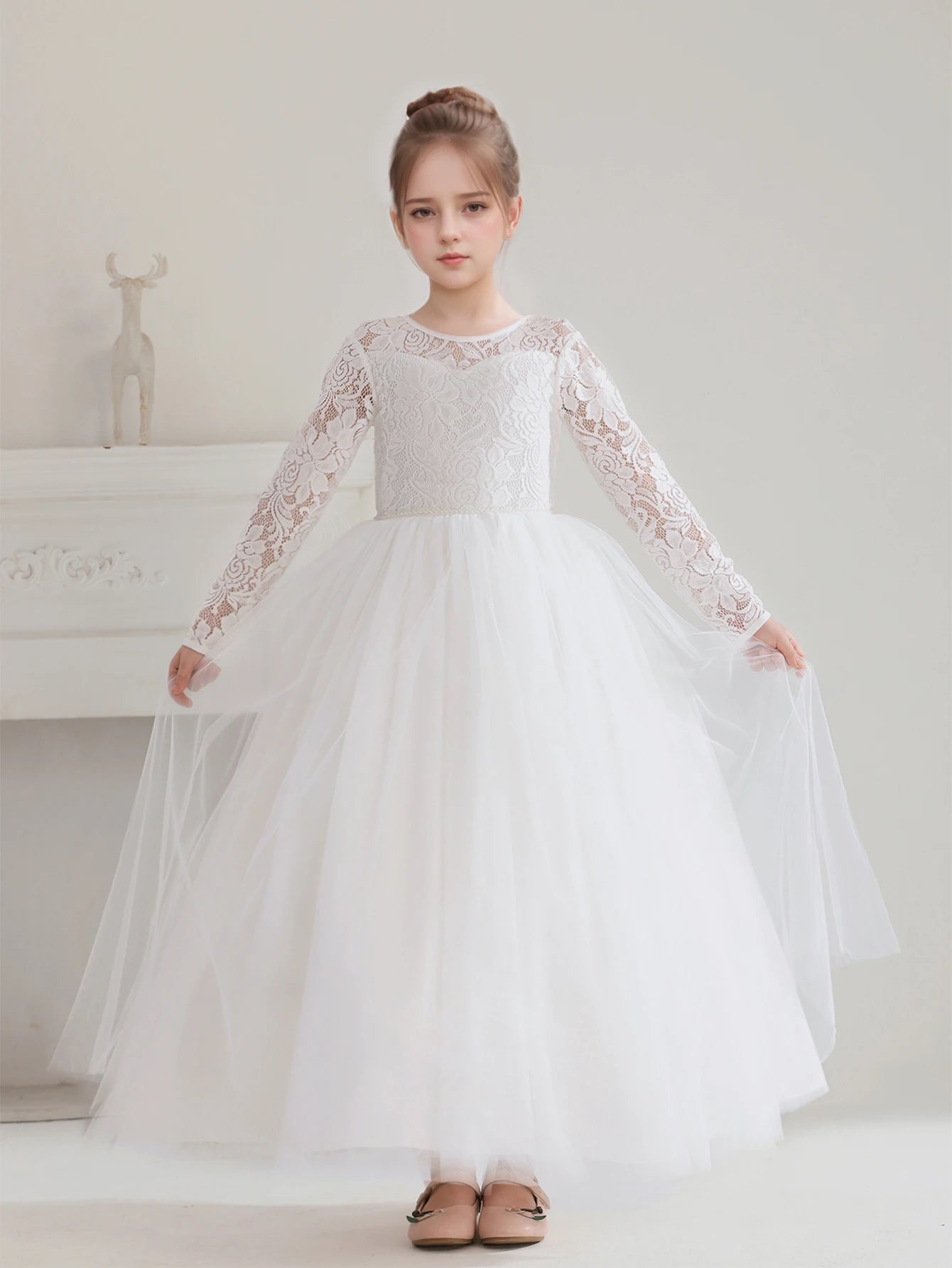 Girls' Teenage Long Sleeve Lace Dress Wedding White Bridesmaid  Gown Long Dress
