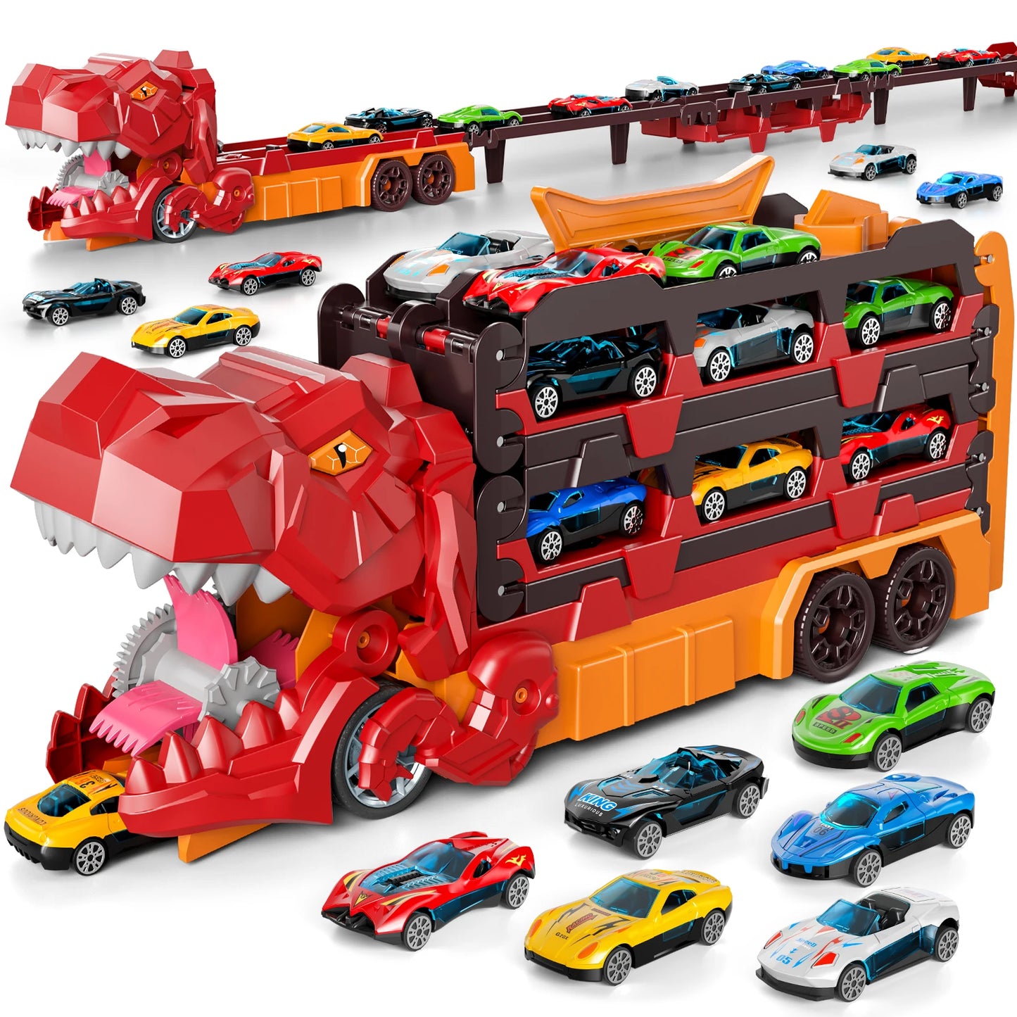 Dinosaur Truck Toy Set with Die-Cast Racing Cars for Kids