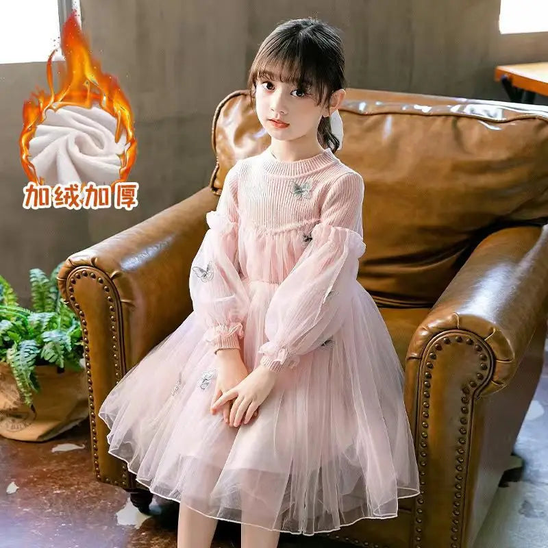 2023Girls' Autumn Winter New Fashion Half High Neck Long Sleeve Dress