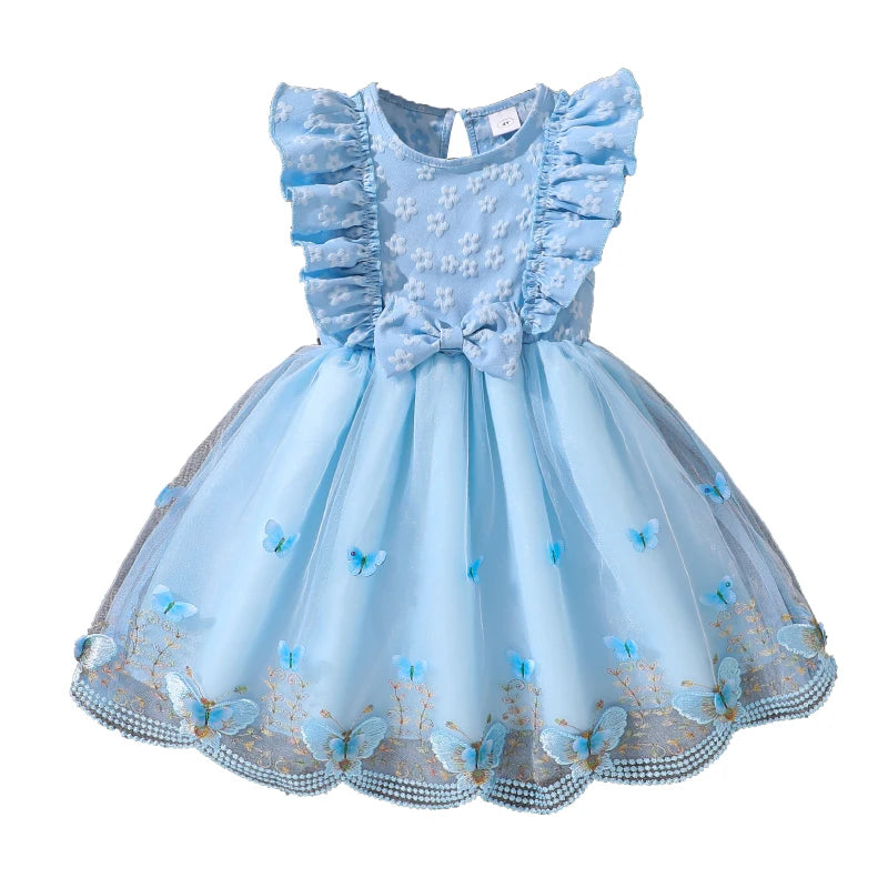 Dress For Girls Yellow O-Neck Fly-Sleeve Tulle Bowknot