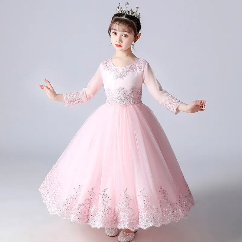 Spring Autumn Party Dress for Kids Girl Lace Long Sleeve Sequin Dress