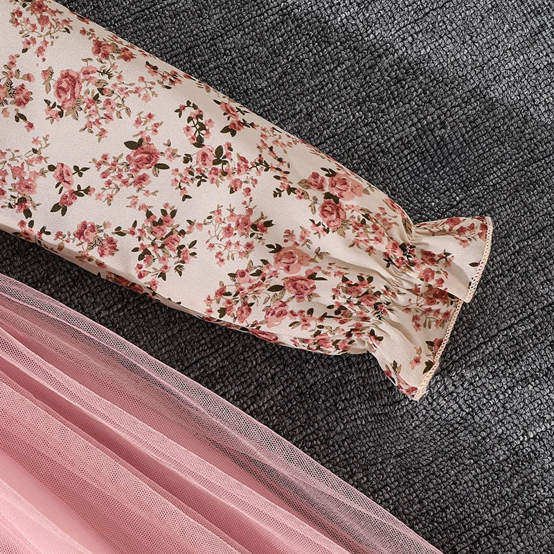 Girls' Peasant Style Dress 8-12 Years Floral Print Lapel Pink Mesh Hem Sweet Elegant Dress