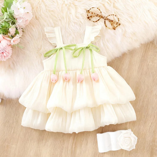 Baby Girl Dress Summer Solid Color Flower Small Fly Sleeve Girl Dress
