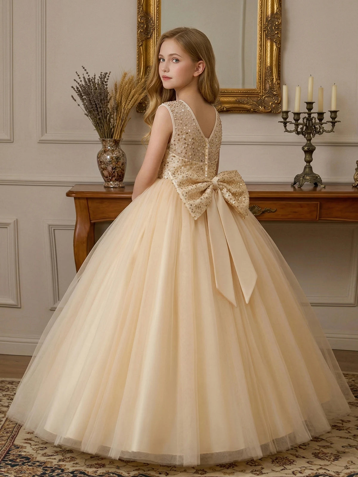 Girl Party Dress Pink Long-style Evening Dress with Large Bow V-neck A Magnificent Evening Dress, Birthday Party, Ball, Banquet