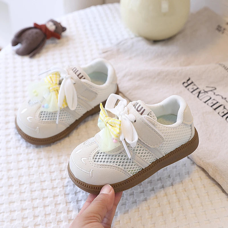 Girls Casual Shoes Spring Summer Children Hollow Sneakers with Cut-outs Breathable Holes Cute Bow-knot Soft Comfortable Sweet
