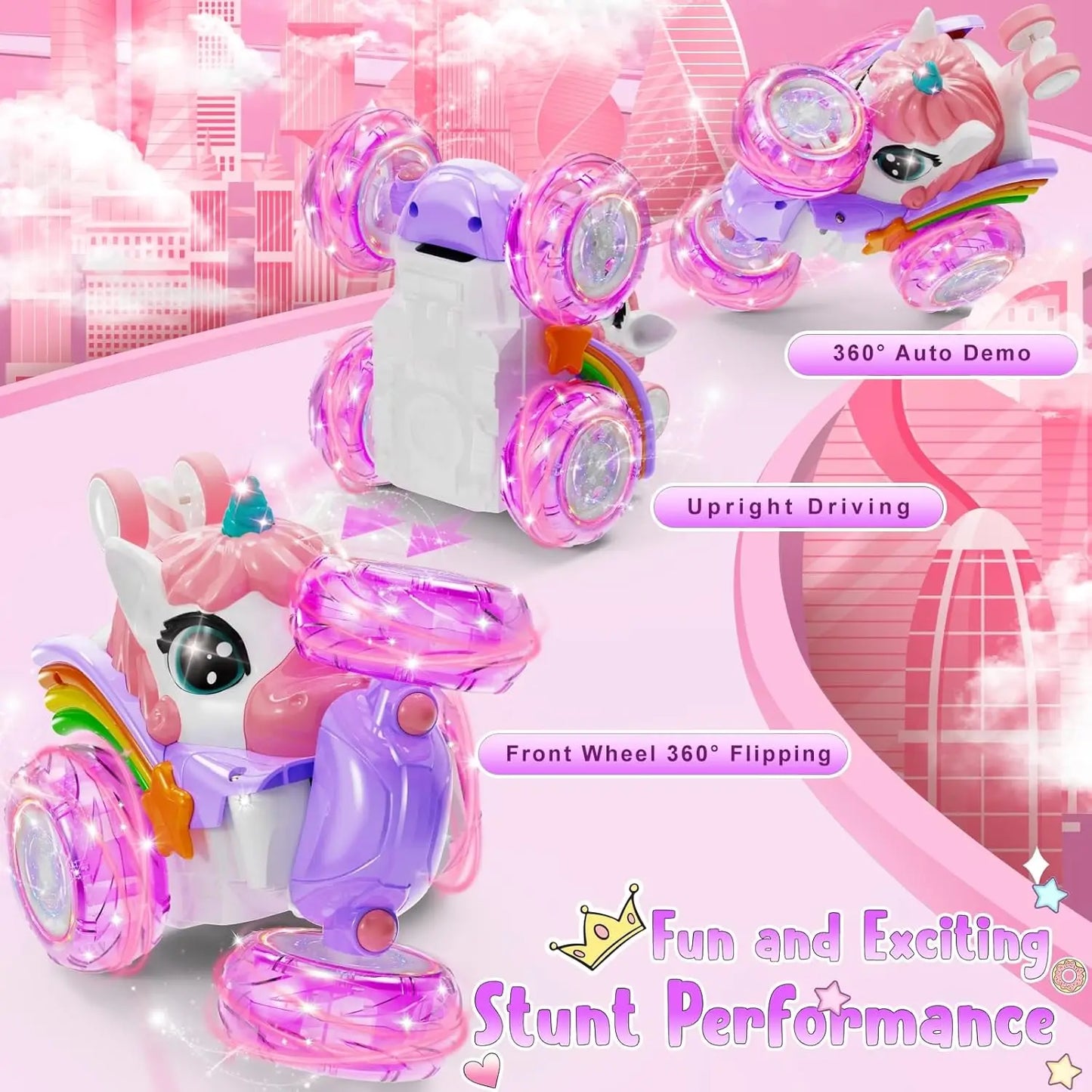Unicorn Remote Control Car for Girls, 360° Rotating 4WD Stunt RC Cars with Cute Lights