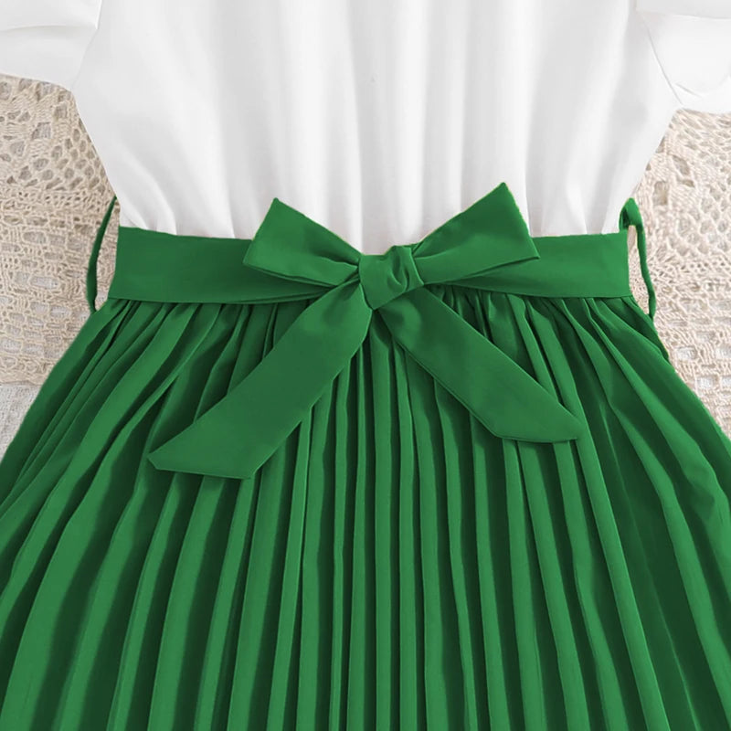 Emma Kids Dress for Girls with Pleated Skirt and Bow Tie