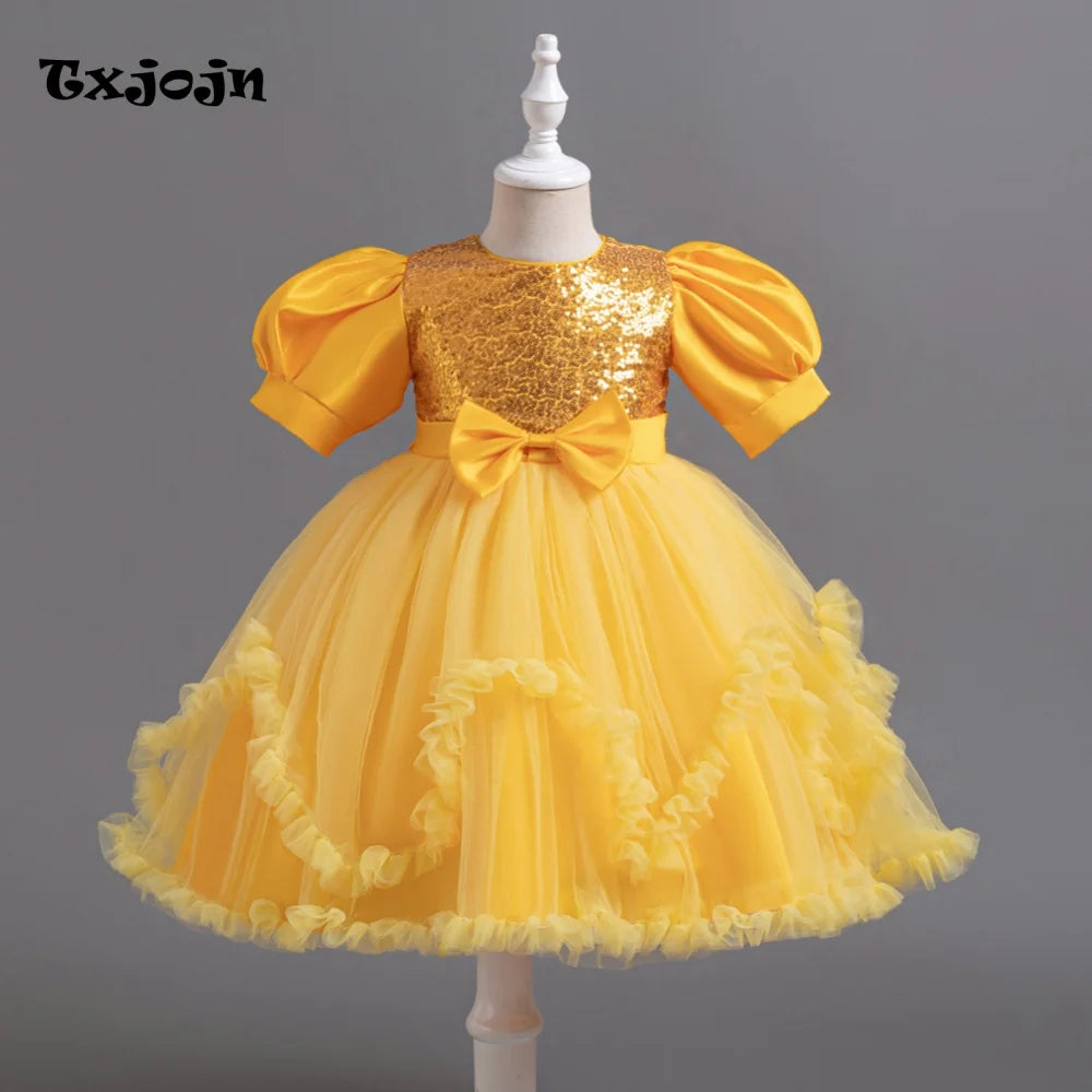 Girl's Dress 3-14 Years Old Girl's Bow Princess Dress Sequined Puff Sleeve Mesh Dress