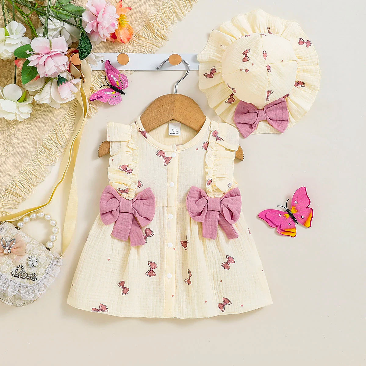 2Pcs Baby girl Dress Round neck Bow print Ruffle Edge Dress+Hat Set