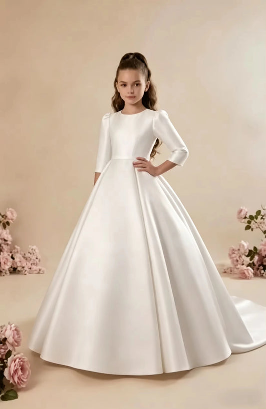 Girls First Communion Dress New Long Sleeves Satin Elegant Tail Evening Gown Girls Dress