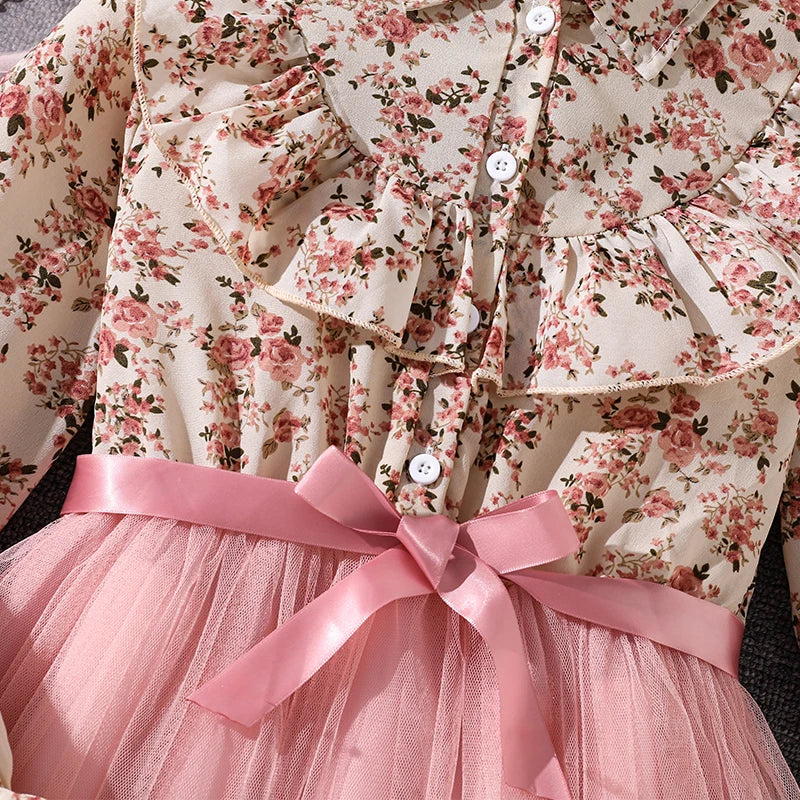 Girls' Peasant Style Dress 8-12 Years Floral Print Lapel Pink Mesh Hem Sweet Elegant Dress