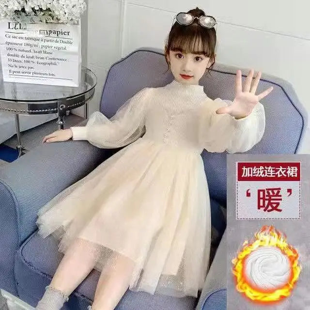 2023Girls' Autumn Winter New Fashion Half High Neck Long Sleeve Dress