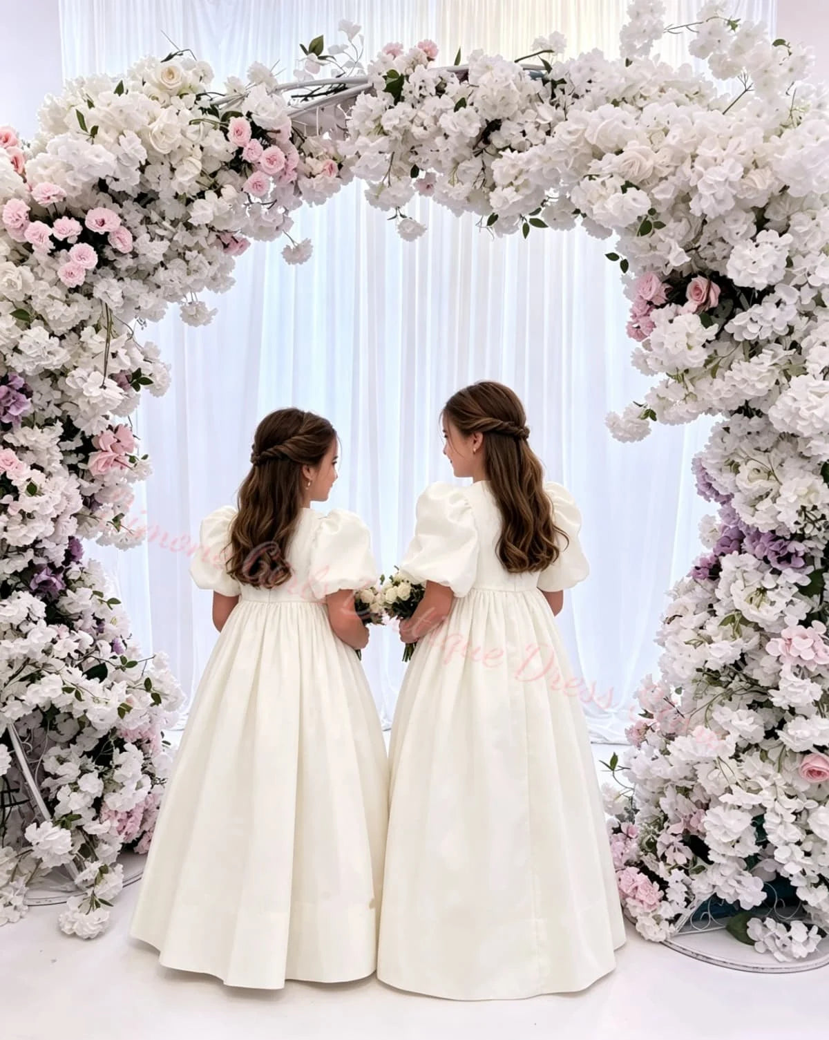 Girl Gown Elegant Princess Draped Flower Girl Dress for Wedding Party Neck High Waist Balloon Sleeve Holy Communion Dress Custom