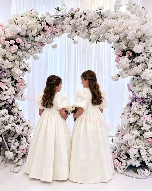 Girl Gown Elegant Princess Draped Flower Girl Dress for Wedding Party Neck High Waist Balloon Sleeve Holy Communion Dress Custom