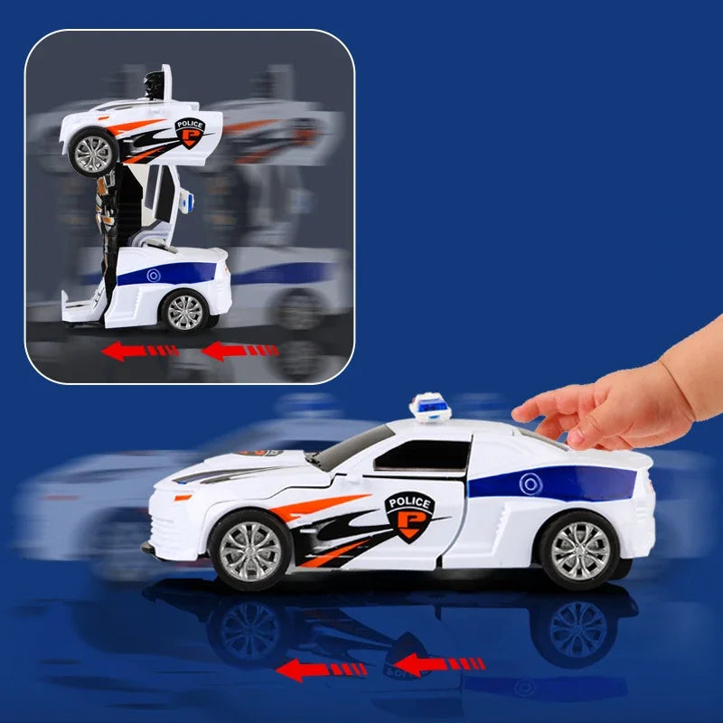2 In 1 Car Toys Children's Collision Automatic Deformation Police Car Toy Boy Inertia Impact One-Button Transform CarRobot Model