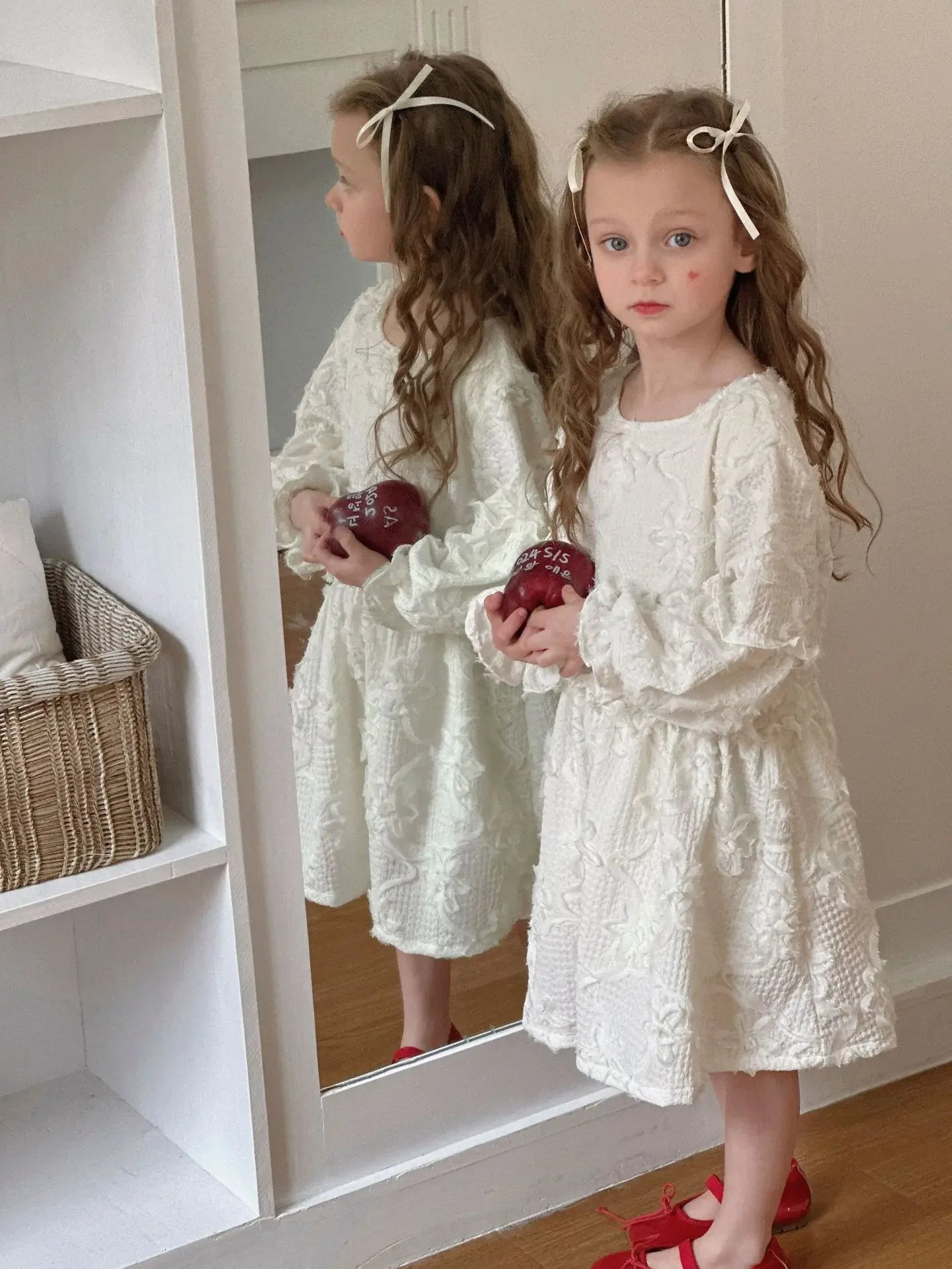 2024 Round Collar Puff Sleeve Girls Casual Dresses Korean Flower Spring Clothing