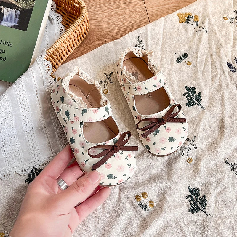 Spring Girl's Princess Shoes Floral Adorable Versatile Kids Flat Shoe Round Toe Soft Comfy Trendy Children Mary Janes 21-32