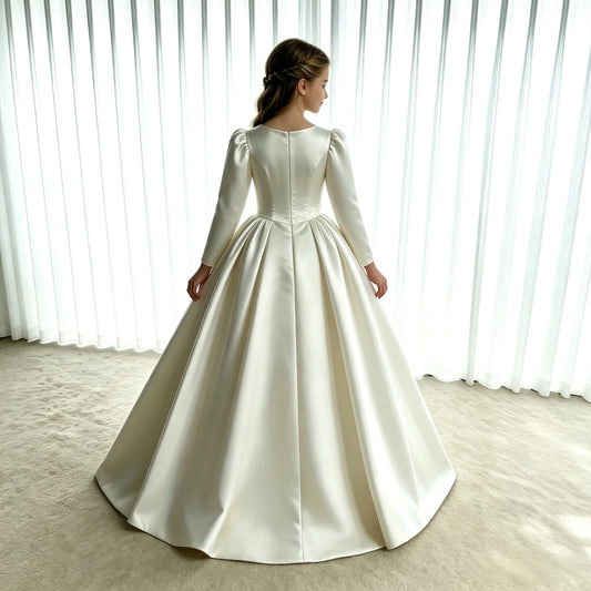 Girls First Communion Dress New Long Sleeves Satin Elegant Tail Evening Gown Dress