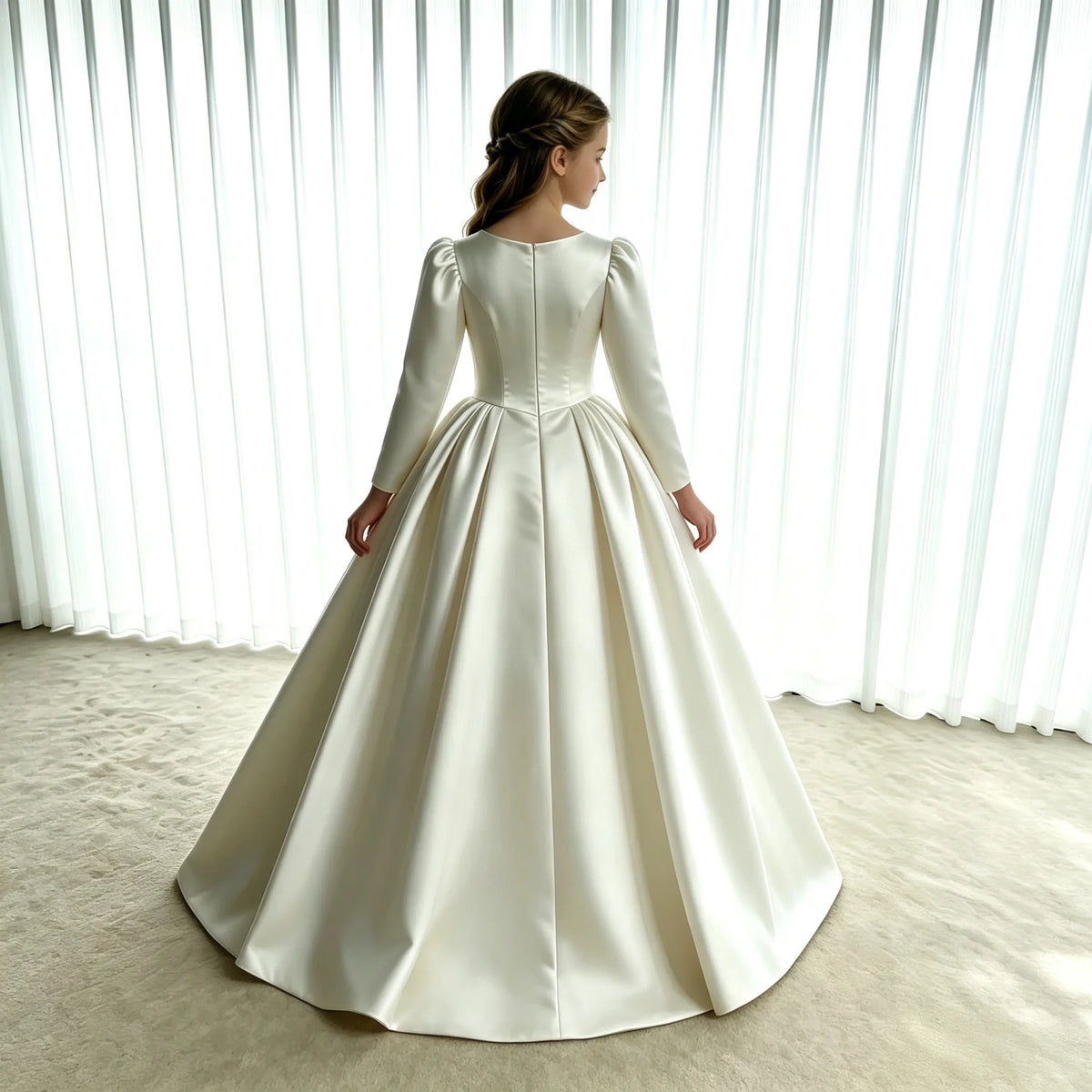 Girls First Communion Dress New Long Sleeves Satin Elegant Tail Evening Gown Girls Wedding Party Princess Dress for Juniors