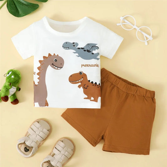 Baby Boy Dinosaur Set - White Top and Brown Shorts