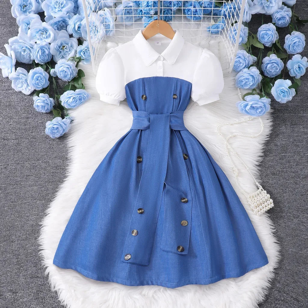 2025 Vintage Elegant Kids Girl Dress Summer Short Sleeves Graduation  Dress