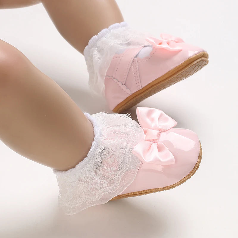 Baby Girls Shoes Classic Bowknot Rubber Sole Anti-slip PU Girls Dress Shoes