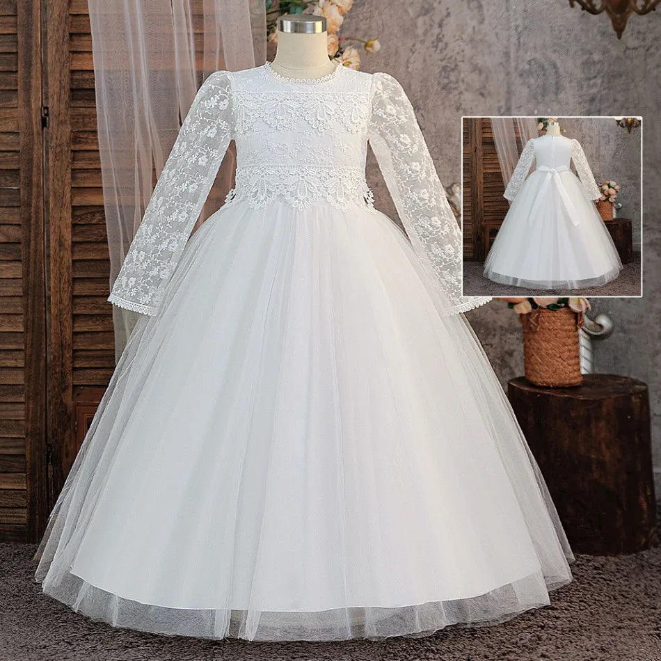 Girls' Teenage Long Sleeve Lace Dress Wedding White Bridesmaid Evening