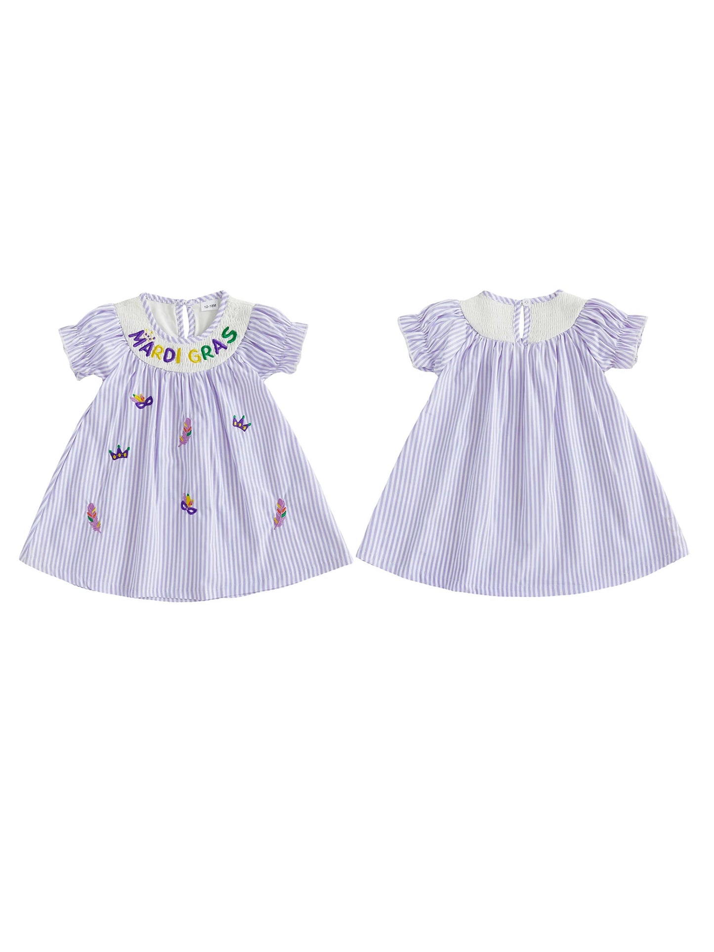 Toddler Baby Girl Mardi Gras Dress Loose Fit Letter Embroidered Striped Short Sleeve Dress