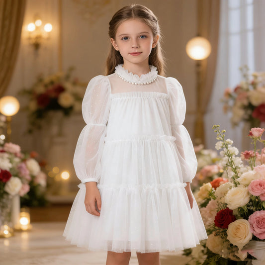 Girl Princess Dress 3 4 5 6 7years Round Collar Long Sleeves Baby Party Dress