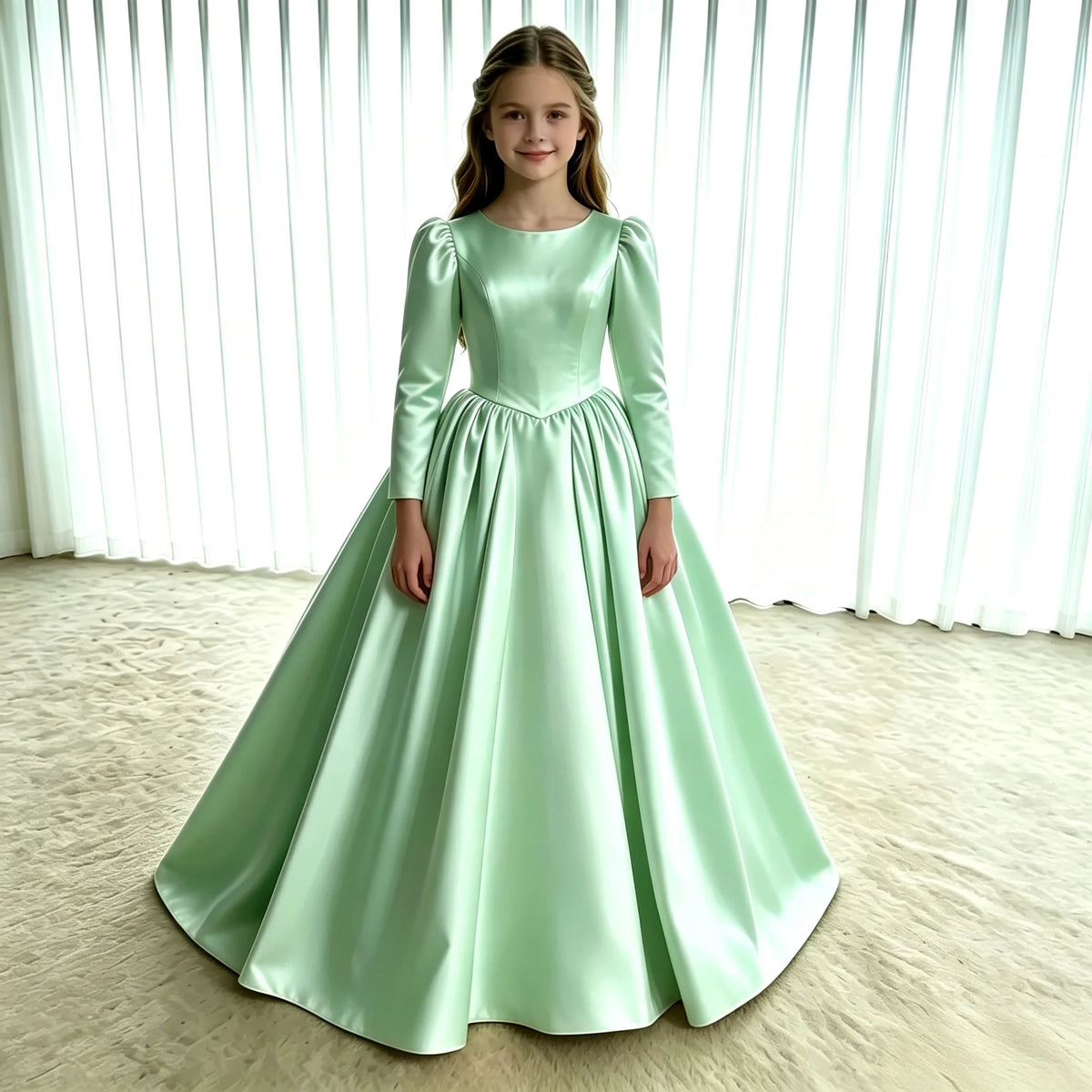 Girls First Communion Dress New Long Sleeves Satin Elegant Tail Evening Gown Girls Wedding Party Princess Dress for Juniors