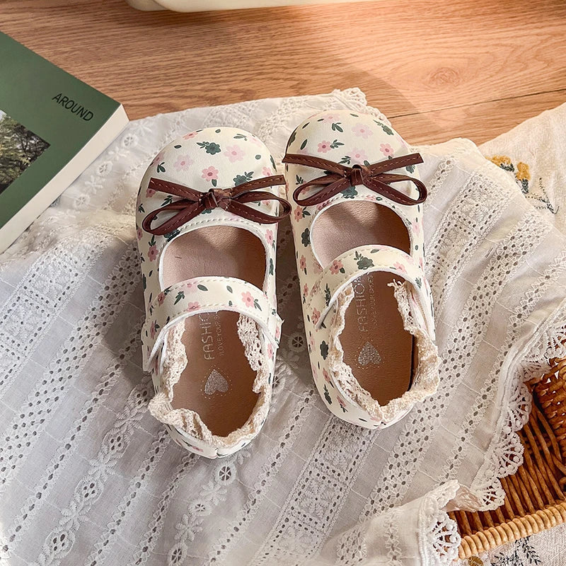 Spring Girl's Princess Shoes Floral Adorable Versatile Kids Flat Shoe Round Toe Soft Comfy Trendy Children Mary Janes 21-32
