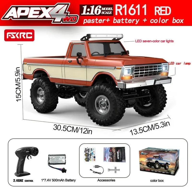 1:16 RC Car R1611 RC 4x4 Off-Road Vehicle - Full Function RC Crawler Alloy Drive Shaft  Realistic LED Headlights or Roof Light