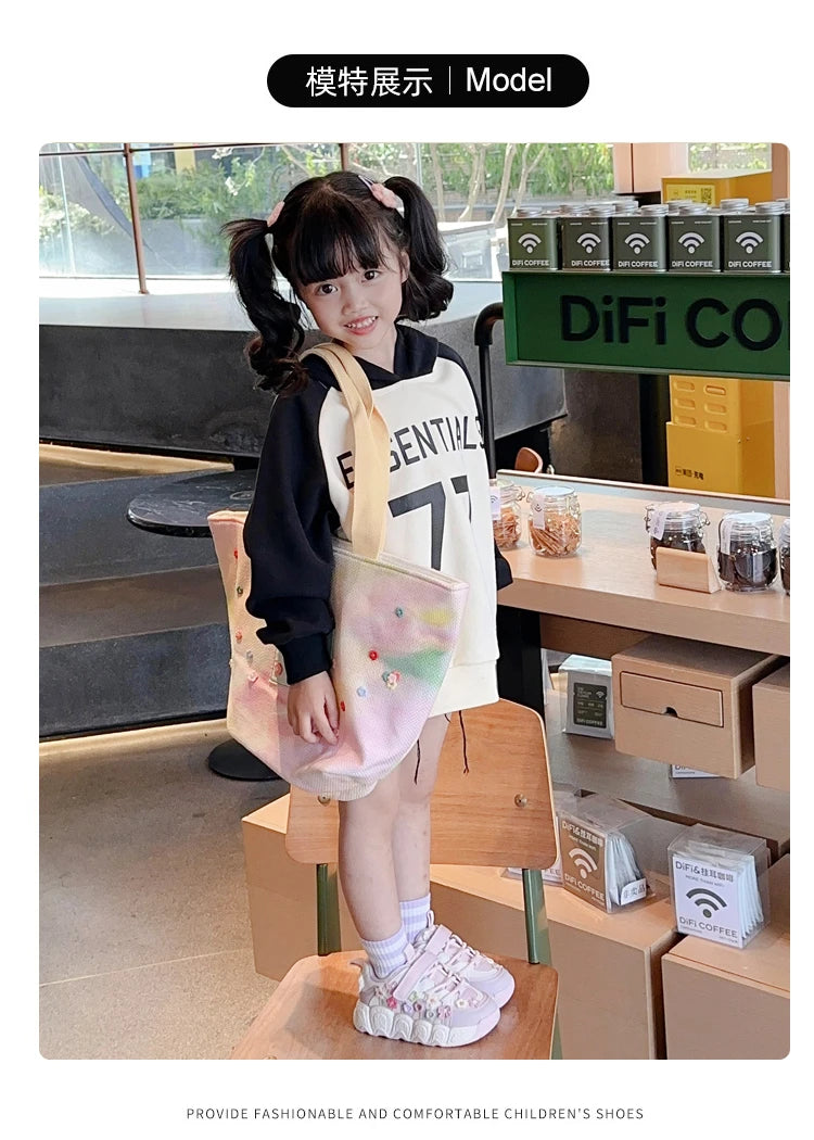 Fashion Leather Sneakers for Girls Children Casual Sports Shoes Floral Pattern Shoes for Kids Comfortable Walking Shoes