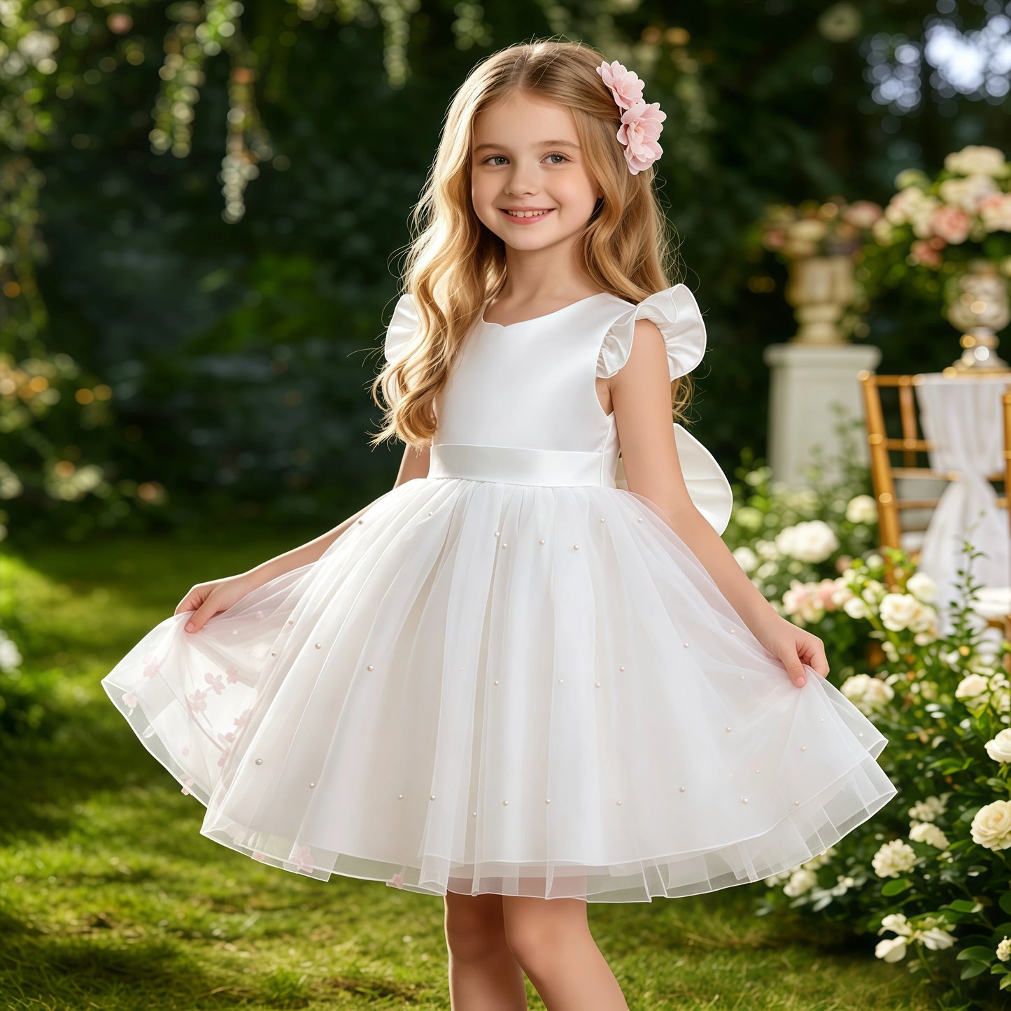 Kids Girls White Dresses Flower Child Wedding Dress Elegant Tulle Gown Baptismal Ceremony Costume Children Birthday Gift Dress