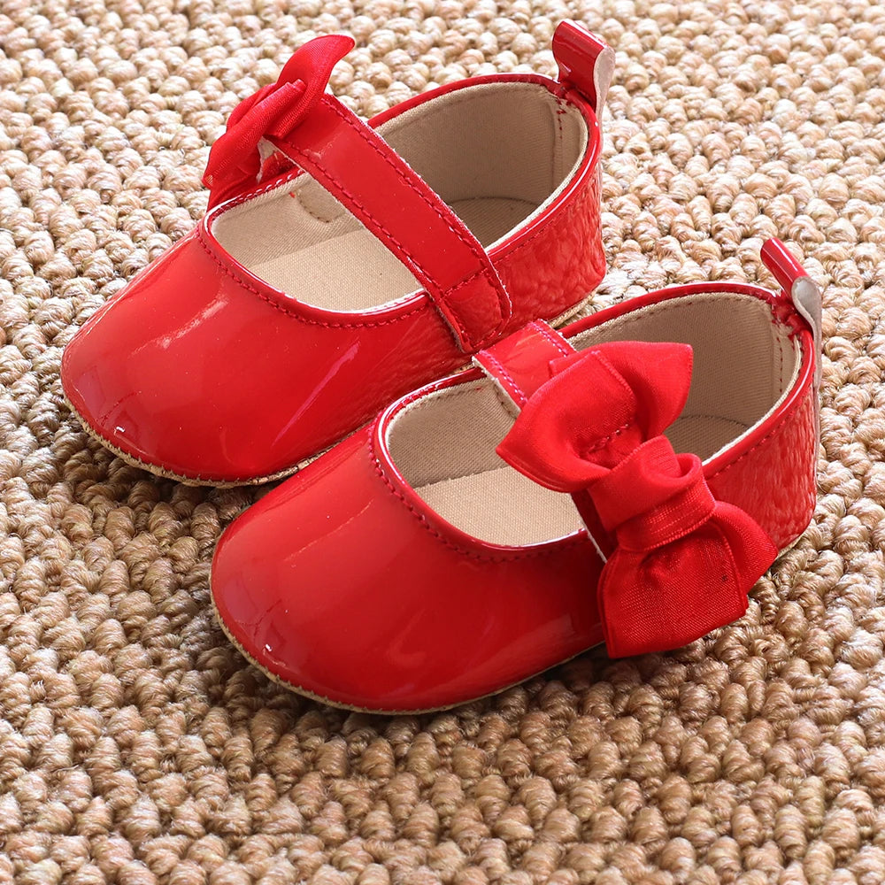 Baby Girls Bow Mary Jane Shoes Soft Non Slip Sole Magic Tape Lightweight Infant Pre Walker Newborn Crib Shoes For Daily Party We