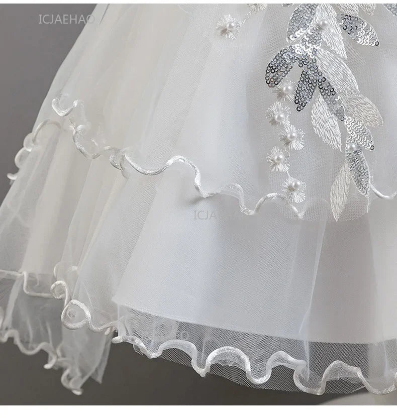 Girls Flower Girl Dress with Train Tulle Princess Gown Christmas Birthday Party Pageant Formal Dresses Kids Children Clothing