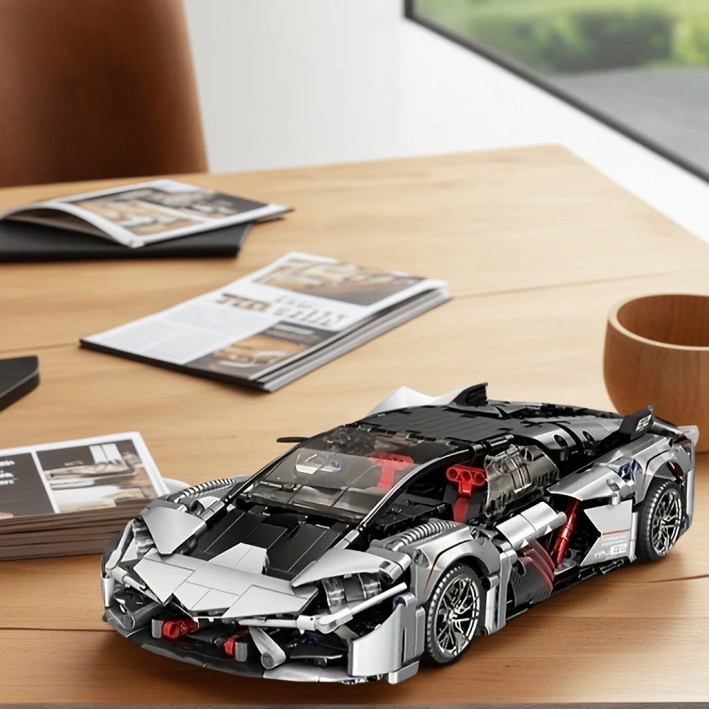 Silver Super Future Sports Car Assembly Building Blocks Toy Set, 1000+ pieces, vehicle/racing car/car model gift.