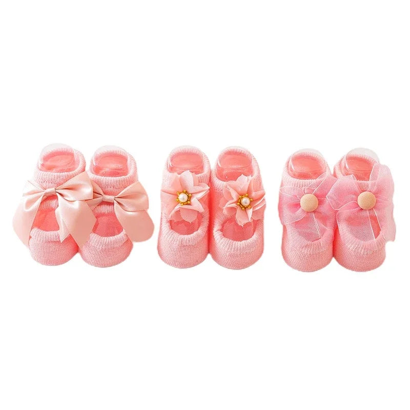 3 Pair Baby Girl Ankle Socks Lace Bow Infant Anti Slip Socks Newborn Princess Pearl Low Cut Socks Children Home Floor Shoes