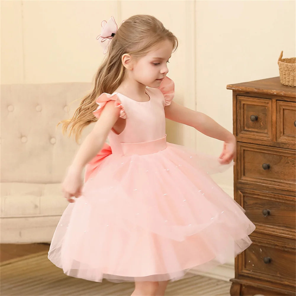 Toddler Girl Flower Birthday Tulle Dress Backless Bow Wedding Party Dress