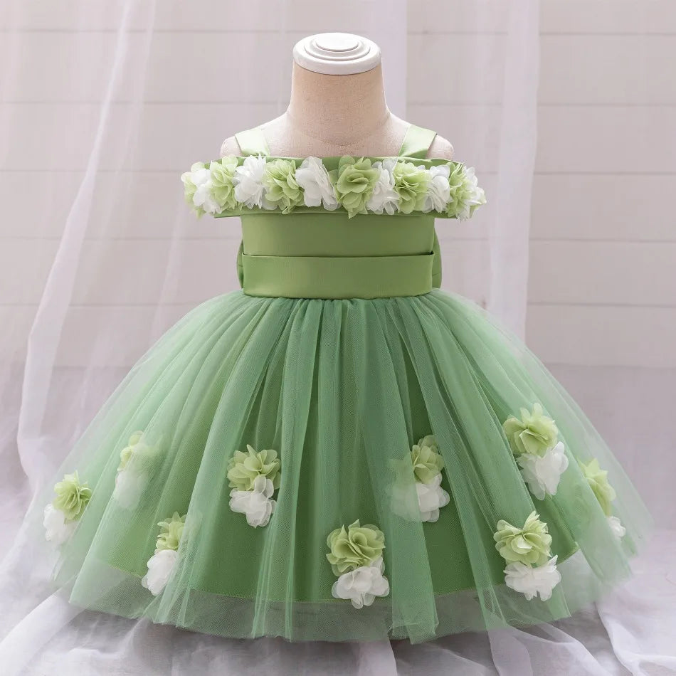 New Baby Girls 1st Princess Dress Infant Three-dimensional Flower One-word Shoulder Mesh Dress Baby Girl Performance Dress ASQ03