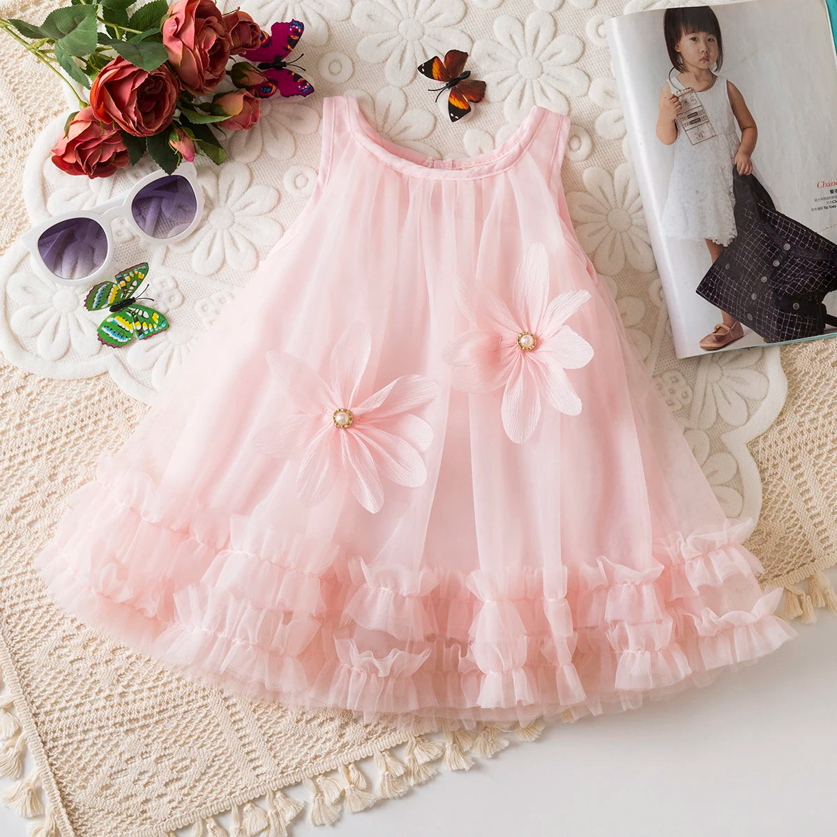 Toddler Girl Princess Pink Flower Decorated Wedding Party Dress