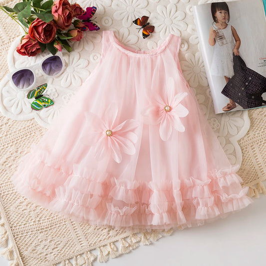 Toddler Girl Princess Pink Flower Decorated Wedding Party Dress