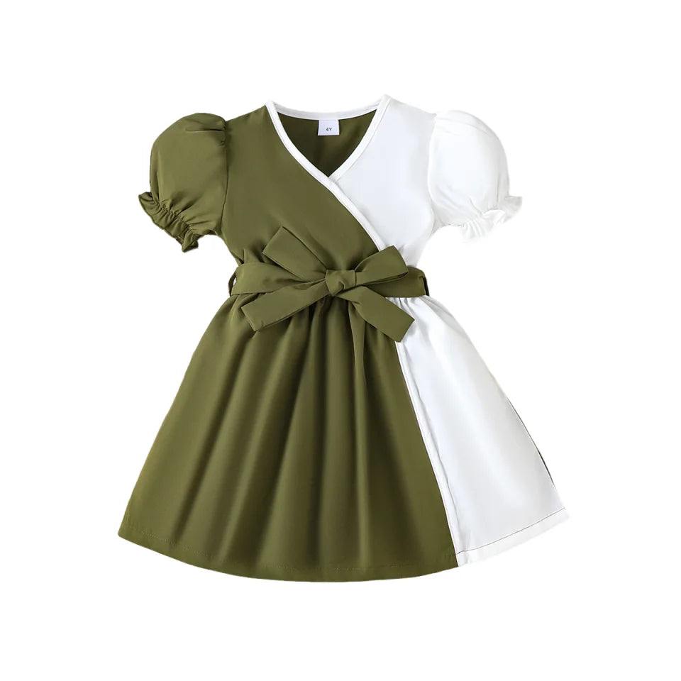 Baby Girl Dress Stylish Unique Design Puff Sleeve V‑Neck Bow Belt Summer Princess Party Dress For 4-7 Years Kid Girls Clothing