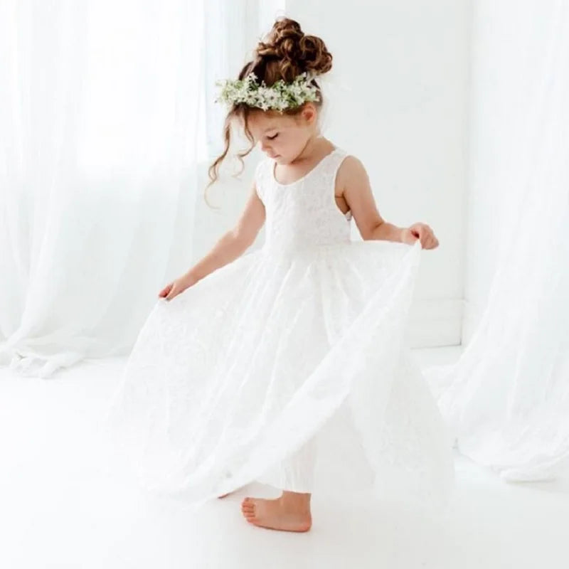 New Girl Princess Dress White Lace Long Dress Wedding Flower Open Back Dress
