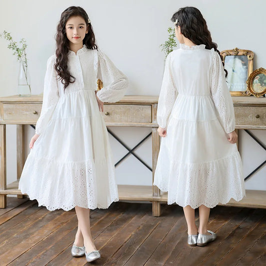 2026 spring hollow Dresses White kid baby party mesh princess Girls  dress