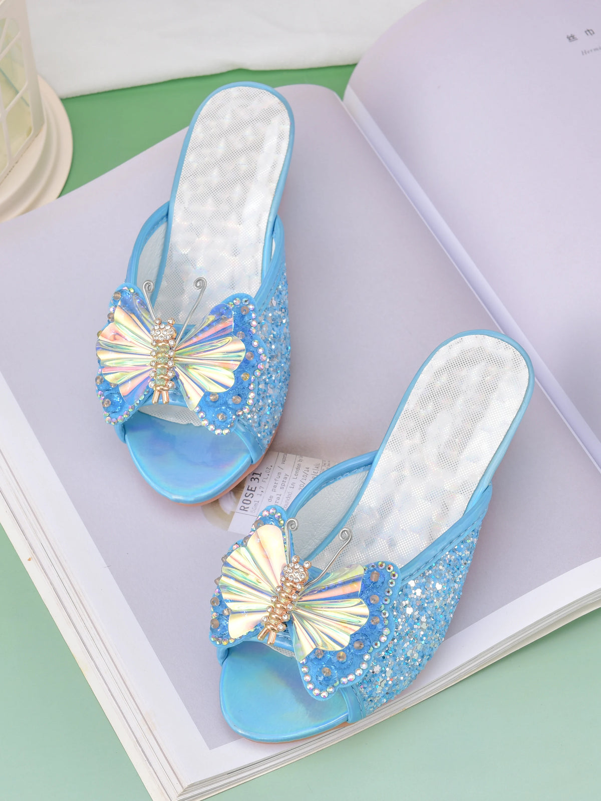Girl's princess high-heeled slippers with bow and crystal design, children's shoes